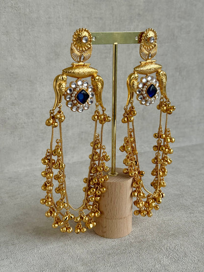 Ayura Designs Meelan Earrings – Antique Gold Earrings with Bird Motifs, Navy Stone & Ghungroo Detailing