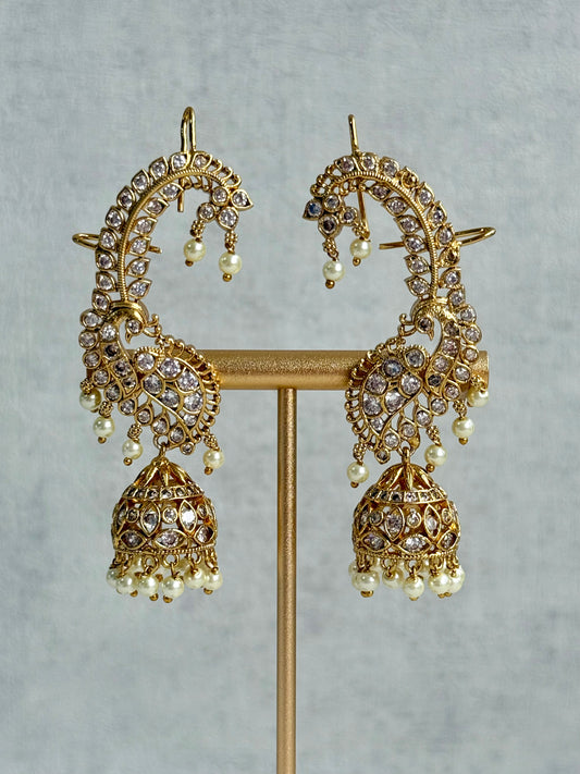 Ayura Designs Padma Earrings – Gold Half Ear Cuffs with Peacock Motif, Kundan Crystals & Pearl Jhumka Drops