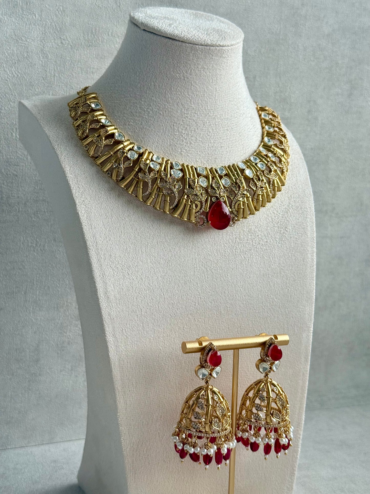 Ayura Designs Rami Collar Set with Jhumkis – Sculpted Gold Collar with Ruby Red Stone and Crystal Detailing