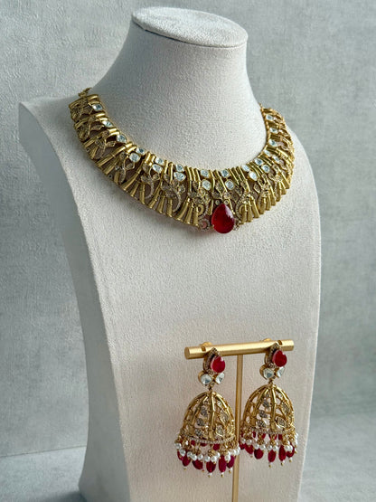 Ayura Designs Rami Collar Set with Jhumkis – Sculpted Gold Collar with Ruby Red Stone and Crystal Detailing