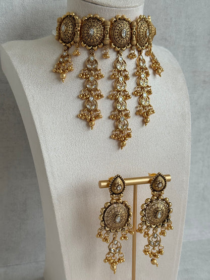 Ayura Designs Kabini Choker Set with Earrings – Gold Kundan Waterfall Choker with Ivory Pearls