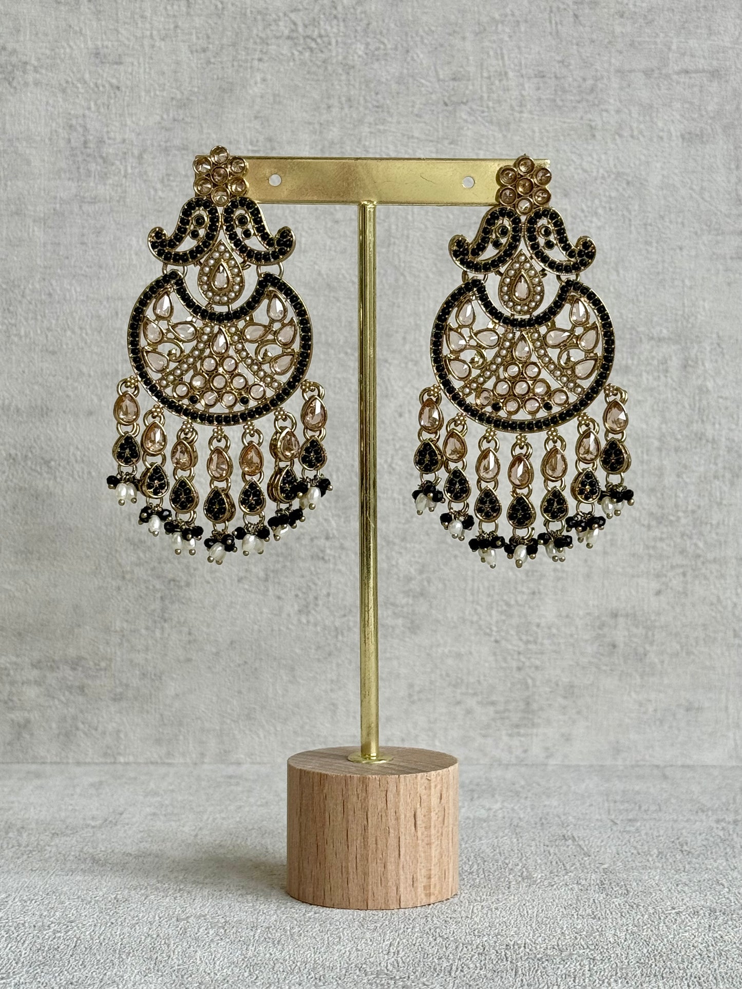 Ayura Designs Anvi Tikka Set with Earrings – Black with Champagne Stones & Pearl Drops
