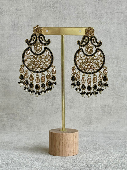 Ayura Designs Anvi Tikka Set with Earrings – Black with Champagne Stones & Pearl Drops