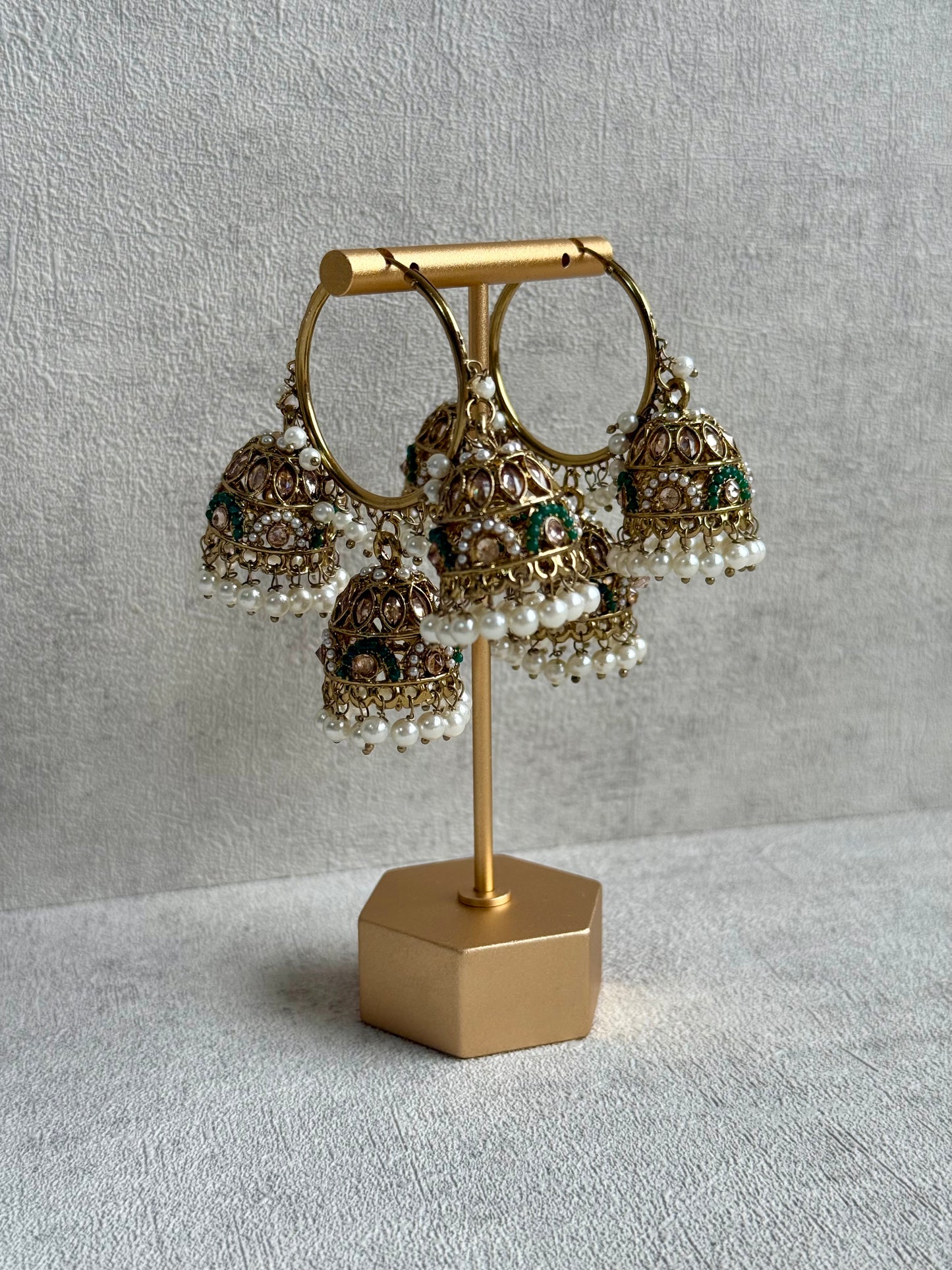 Ayura Designs Nakhra Balis – Emerald Triple Dome Earrings with Mirror-Cut Stones & Pearl Detailing