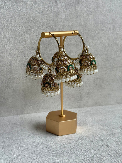 Ayura Designs Nakhra Balis – Emerald Triple Dome Earrings with Mirror-Cut Stones & Pearl Detailing