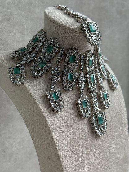 Ayura Designs Zinnia Set – Necklace, Earrings & Tikka with Mint Green Stones and Mirror-Cut Polki in Silver Finish