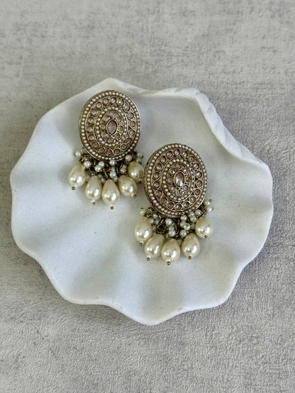 Ayura Designs Aynoor Bloom Circle Earrings – Antique Gold Finish with Mirror-Cut Stones & Pearl Drops