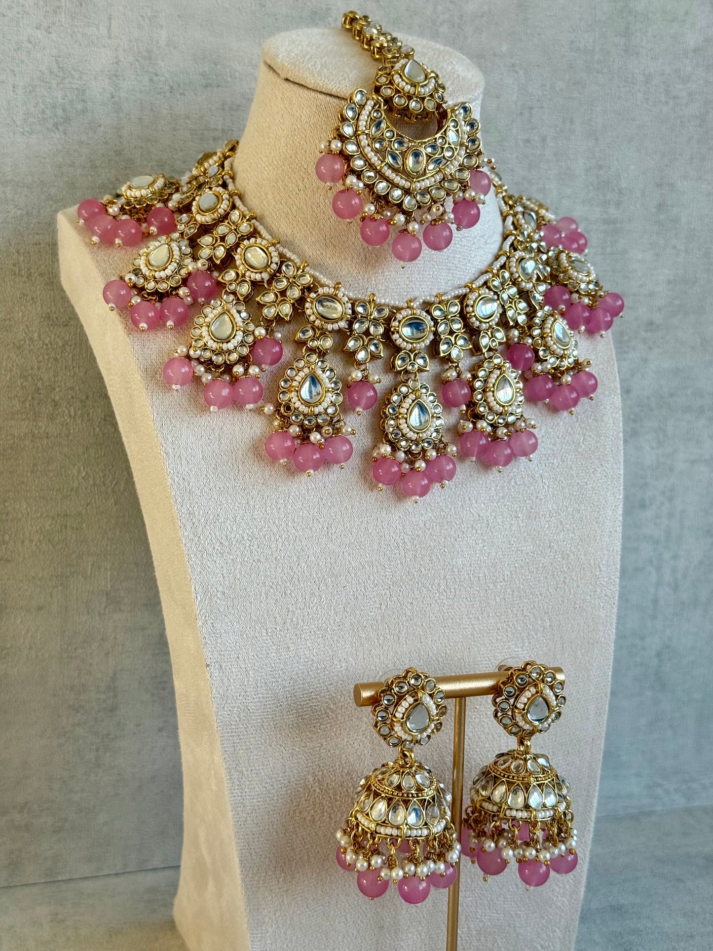 Ayura Designs Iyla Set with Necklace, Earrings & Tikka – Kundan Detailing, Ivory Pearl Drops & Soft Pink Beads