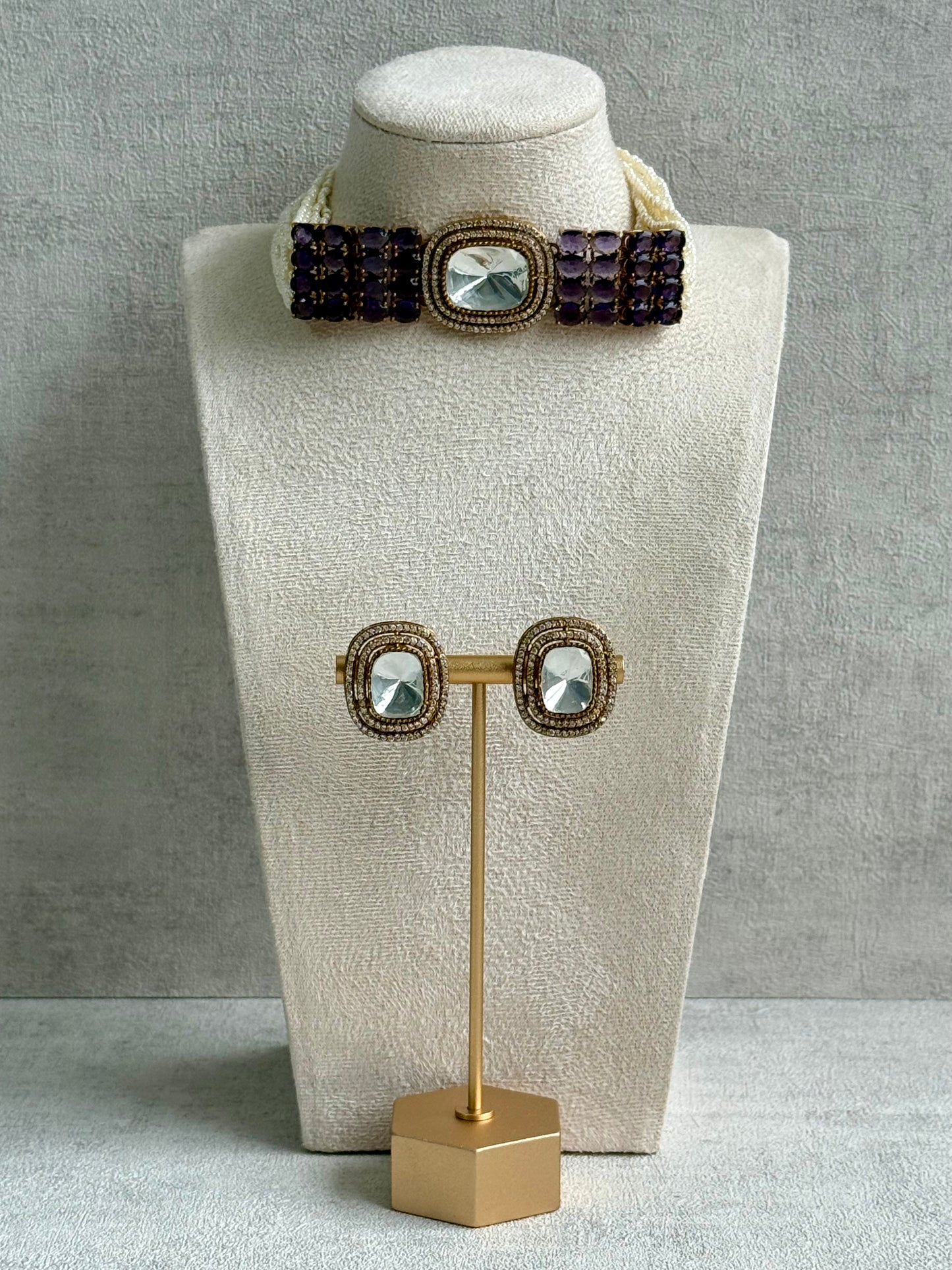 Ayura Designs Emma Choker Set – Deep Violet Gemstone Choker & Studs with Mirror-Cut Centrepiece, Pearl Strands & Crystal Borders