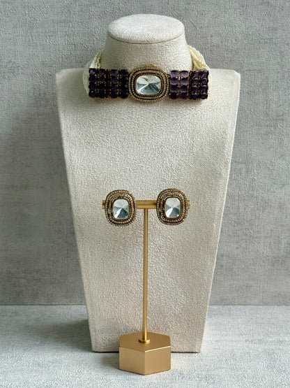 Ayura Designs Emma Choker Set – Deep Violet Gemstone Choker & Studs with Mirror-Cut Centrepiece, Pearl Strands & Crystal Borders