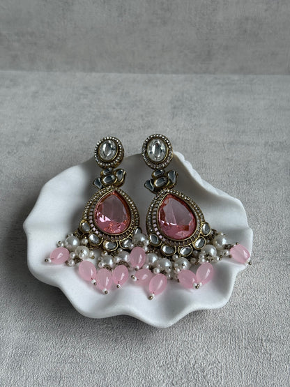 Ayura Designs Nageen Earrings – Antique Gold Jhumkis with Rose Pink Stones, Mirror-Cut Accents & Pearl Drops
