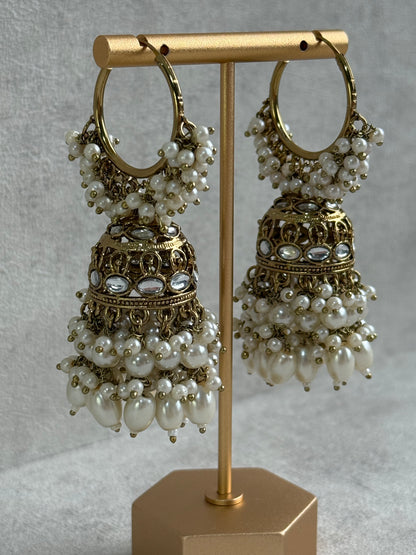 Ayura Designs Jugni Jhumkis – Antique Gold Balis with Pearl Clusters & Kundan Detailing