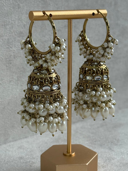 Ayura Designs Jugni Jhumkis – Antique Gold Balis with Pearl Clusters & Kundan Detailing