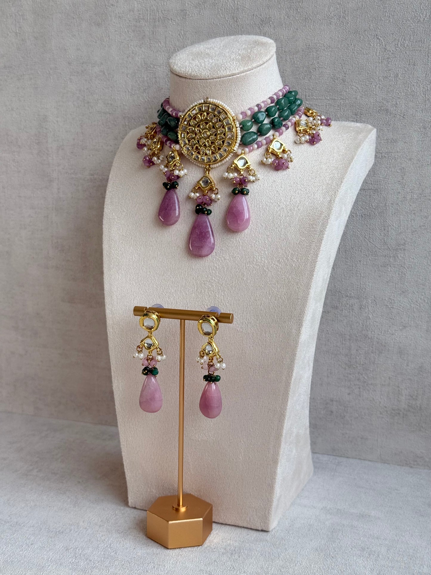 Ayura Designs Rabeeya Kundan Choker Set with Earrings – Blush Pink & Emerald Green Bead Detailing