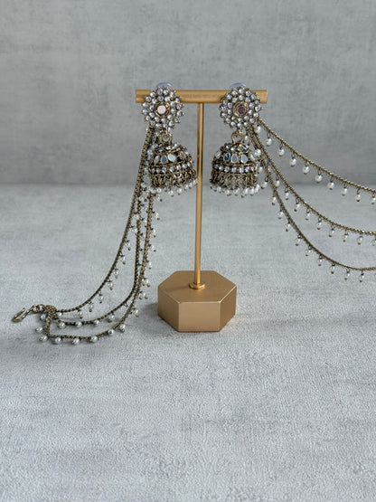 Ayura Designs Aks-e-Noor Jhumkis – Antique Gold Mirror & Crystal Earrings with Detachable Triple-Layer Pearl Sahare