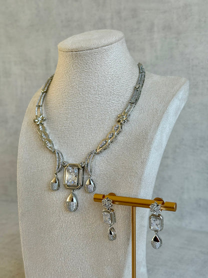 Ayura Designs Estrella Set with Necklace & Earrings – Silver Finish, Moissanite-Inspired Stones and Teardrop Charms