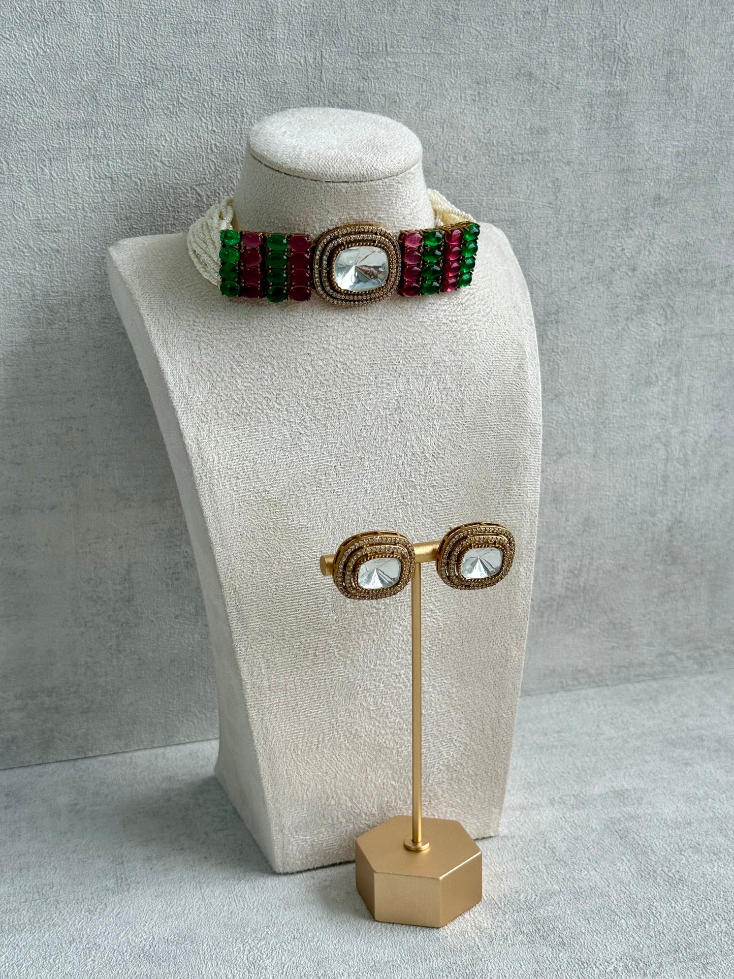 Ayura Designs Emma Choker Set – Fuchsia Pink & Emerald Green Gemstone Choker & Studs with Mirror-Cut Centrepiece, Pearl Strands & Crystal Borders