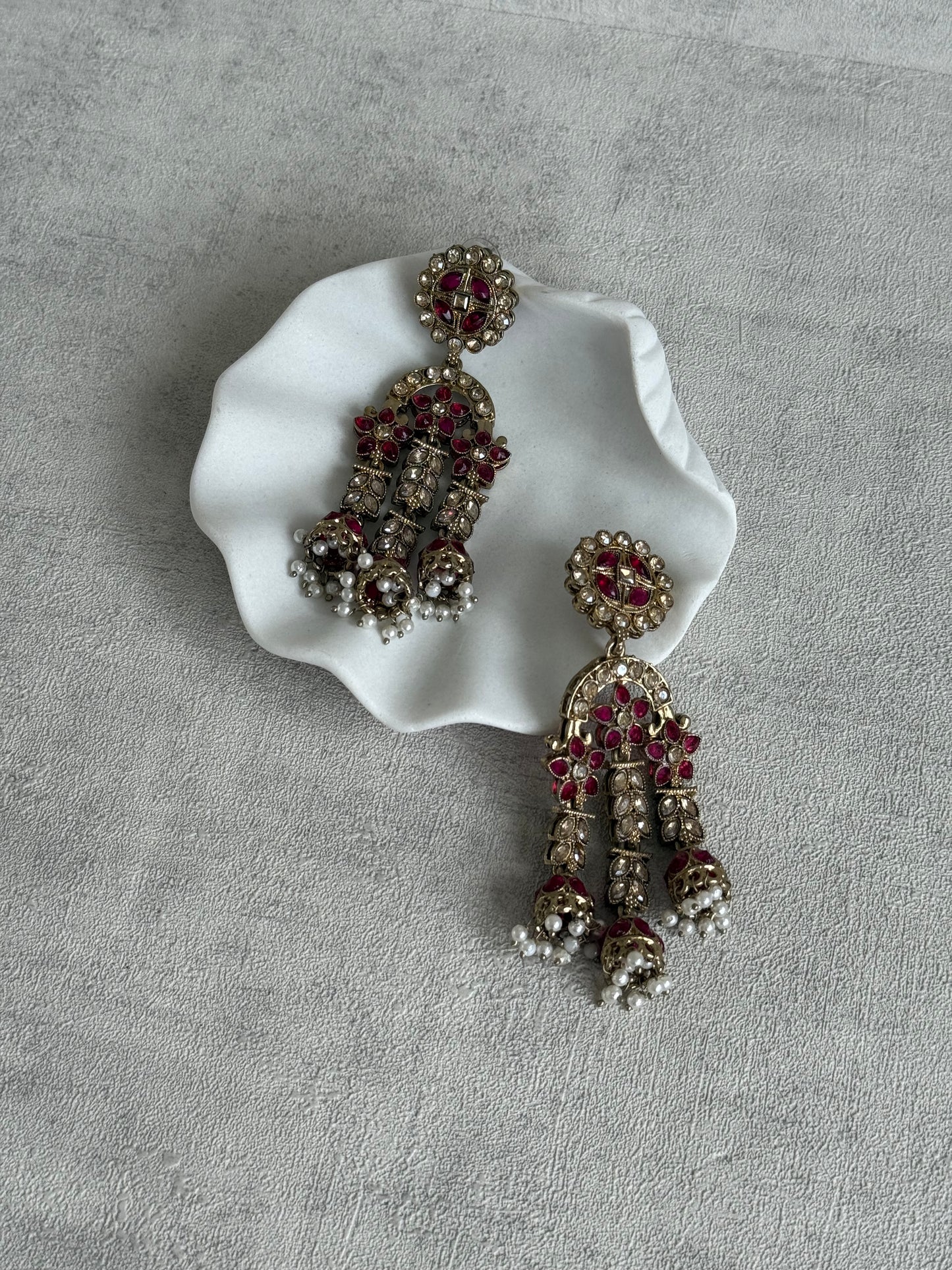 Ayura Designs Soraya Earrings – Fuchsia & Champagne Stones with Pearl Drops & Gold Finish