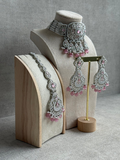 Ayura Designs Zarlish Set – Choker, Earrings & Tikka with Mirror-Cut Stones, Blush Pink Beads & Silver Finish