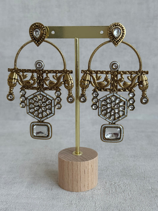 Ayura Designs Irene Earrings – Ivory Kundan, Meenakari & Crystal Peacock Chandeliers in Gold
