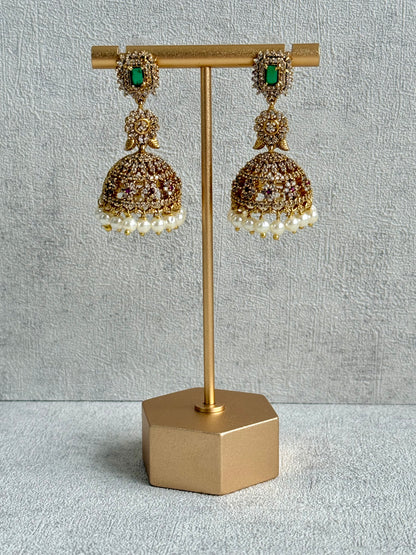 Ayura Designs Maya Jhumkis – Gold Jhumkis with Emerald Green Studs, Pink Stones, Crystal Detailing & Pearl Drops