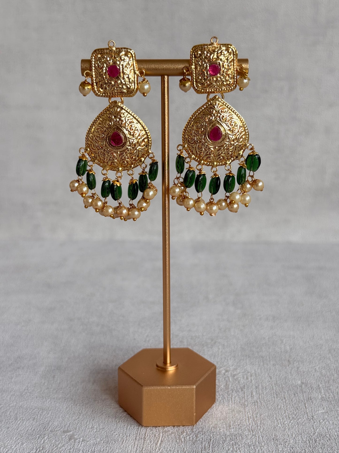 Ayura Designs Chetna Choker Set with Earrings & Tikka – Emerald Green Beads, Cream Pearl Drops with Pipal Patti Detailing