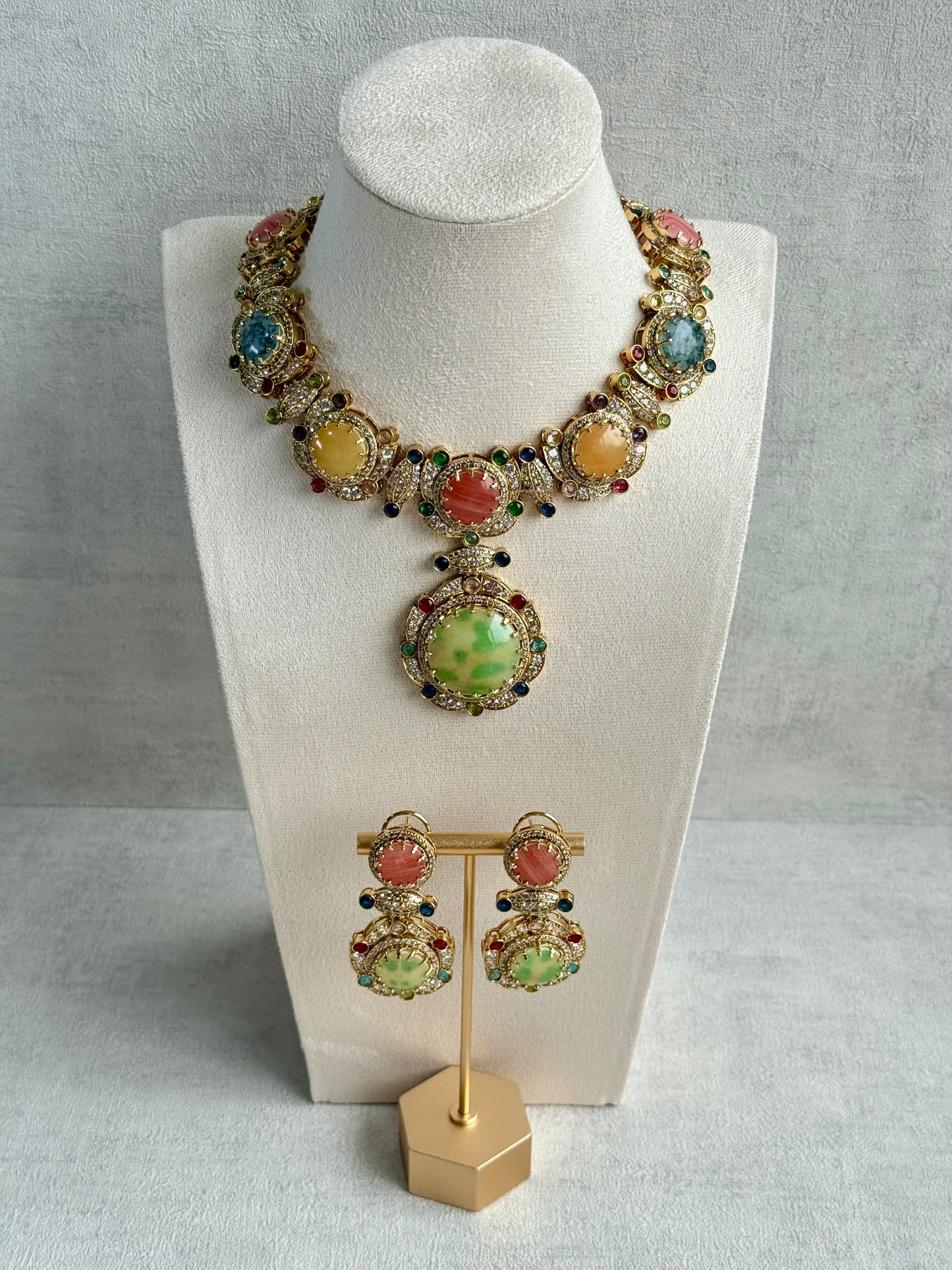Ayura Designs Akira Set with Necklace & Earrings – Moissanite-Style Crystals with Multicolour Stone Detailing