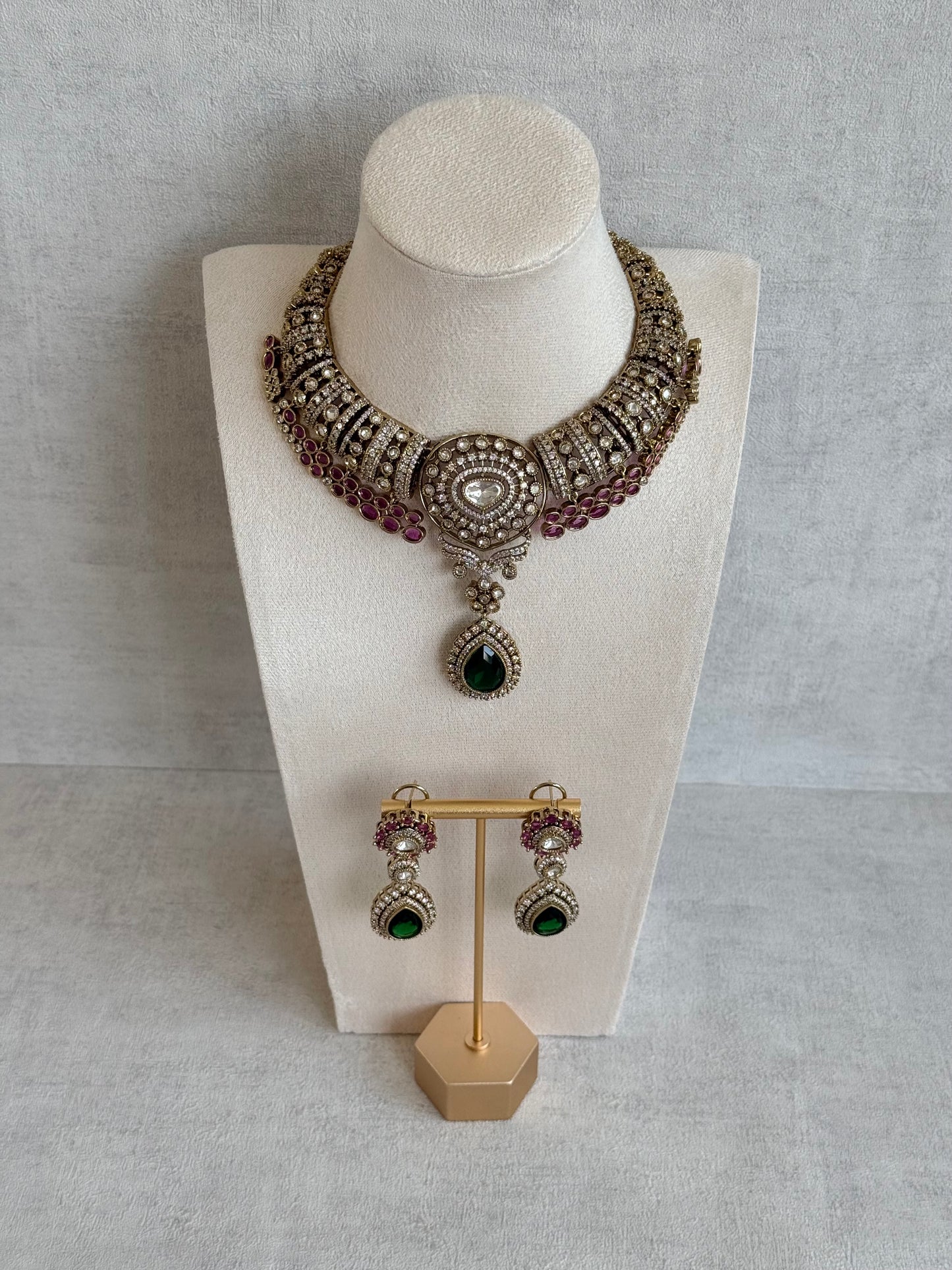 Ayura Designs Ahana Necklace Set with Earrings – Emerald Green Teardrop Stones, Ruby Pink Accents & Moissanite Detailing