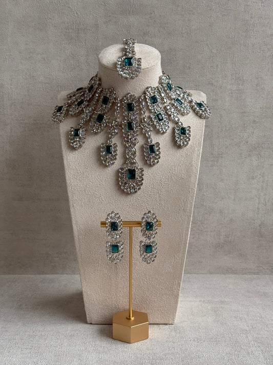Ayura Designs Zinnia Set – Necklace, Earrings & Tikka with Teal Stones and Mirror-Cut Polki in Silver Finish