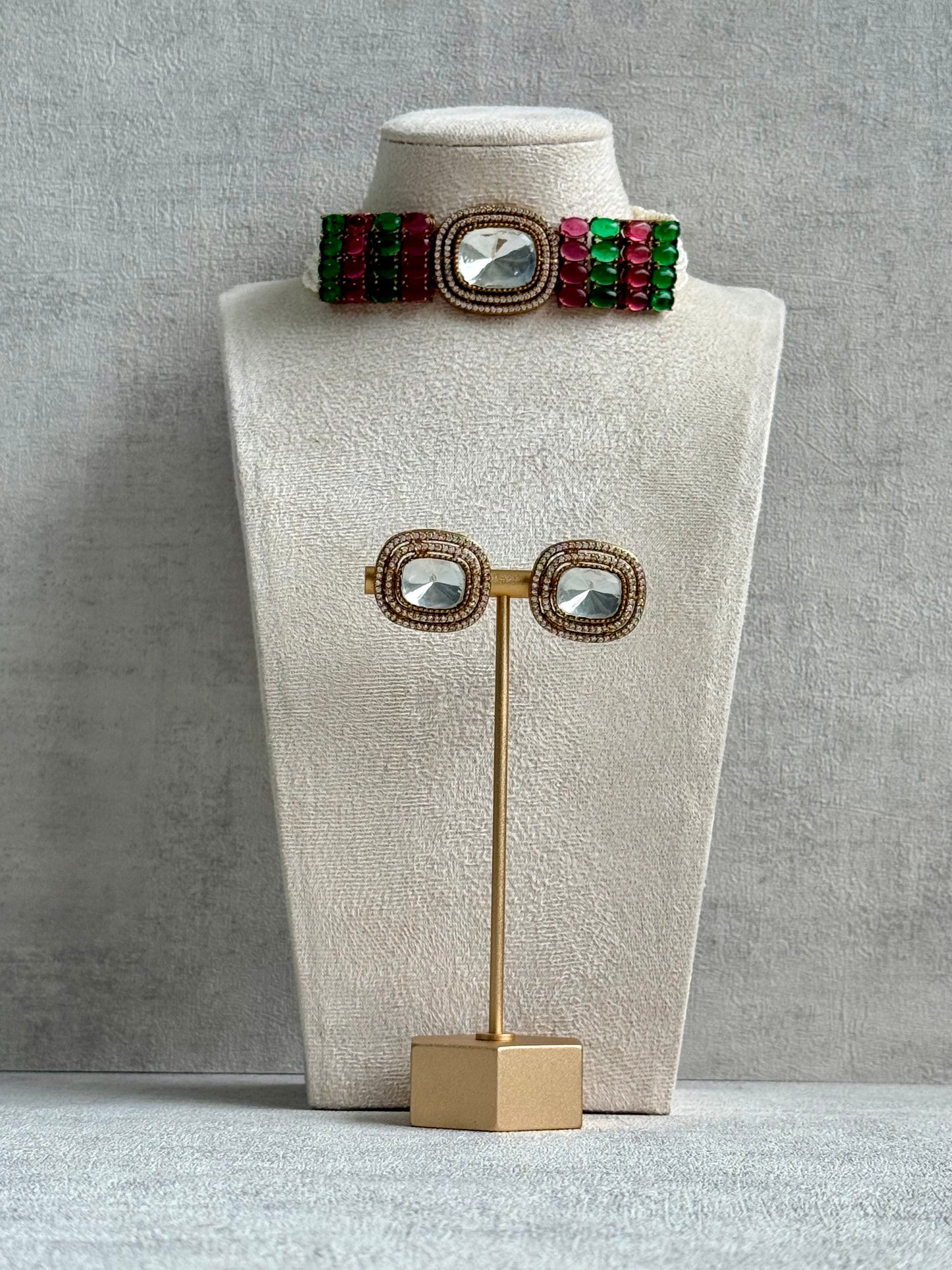 Ayura Designs Emma Choker Set – Fuchsia Pink & Emerald Green Gemstone Choker & Studs with Mirror-Cut Centrepiece, Pearl Strands & Crystal Borders