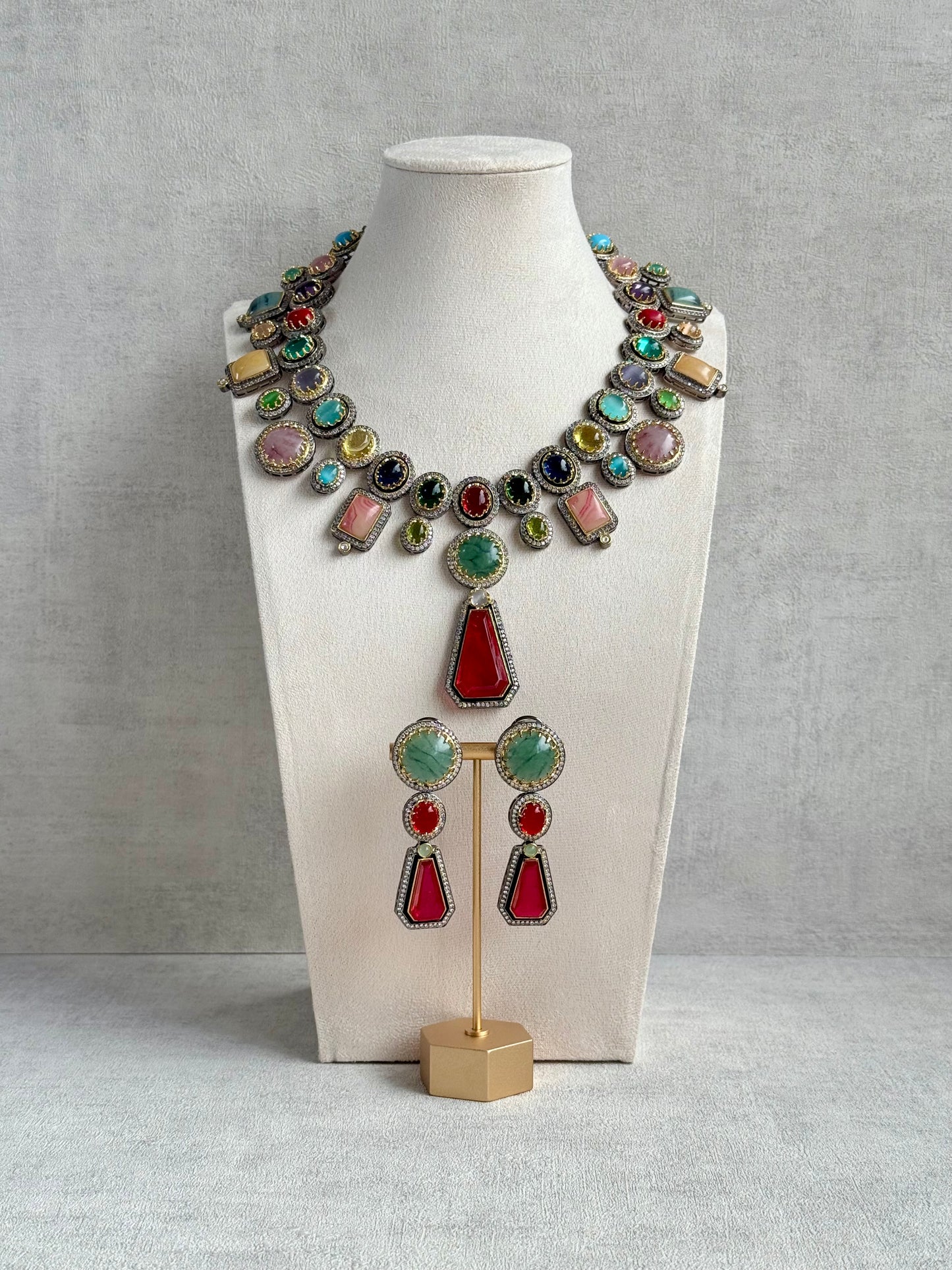 Ayura Designs Ophelia Set with Necklace & Earrings – Navratan Stone Detailing with Antique Silver Finish