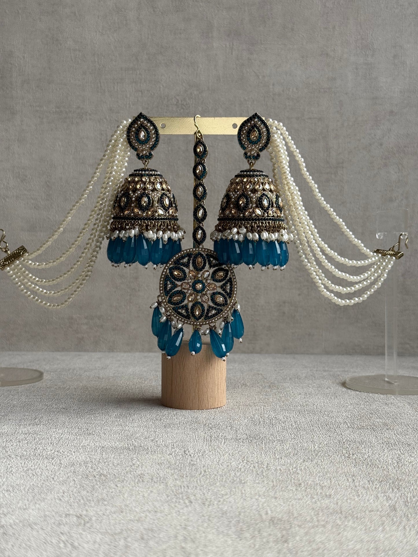 Ayura Designs Amrita Set – Jhumkis with Sahare & Tikka in Peacock Blue Beads, Pearls and Antique Gold Finish