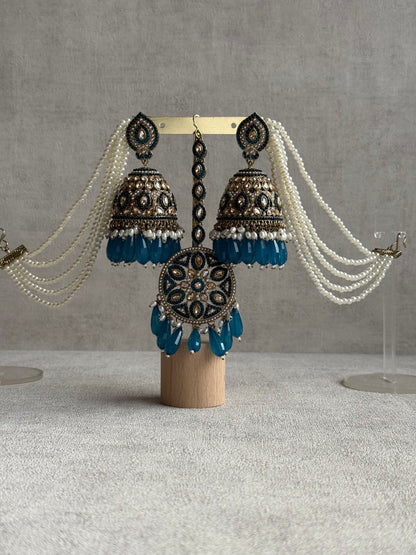 Ayura Designs Amrita Set – Jhumkis with Sahare & Tikka in Peacock Blue Beads, Pearls and Antique Gold Finish