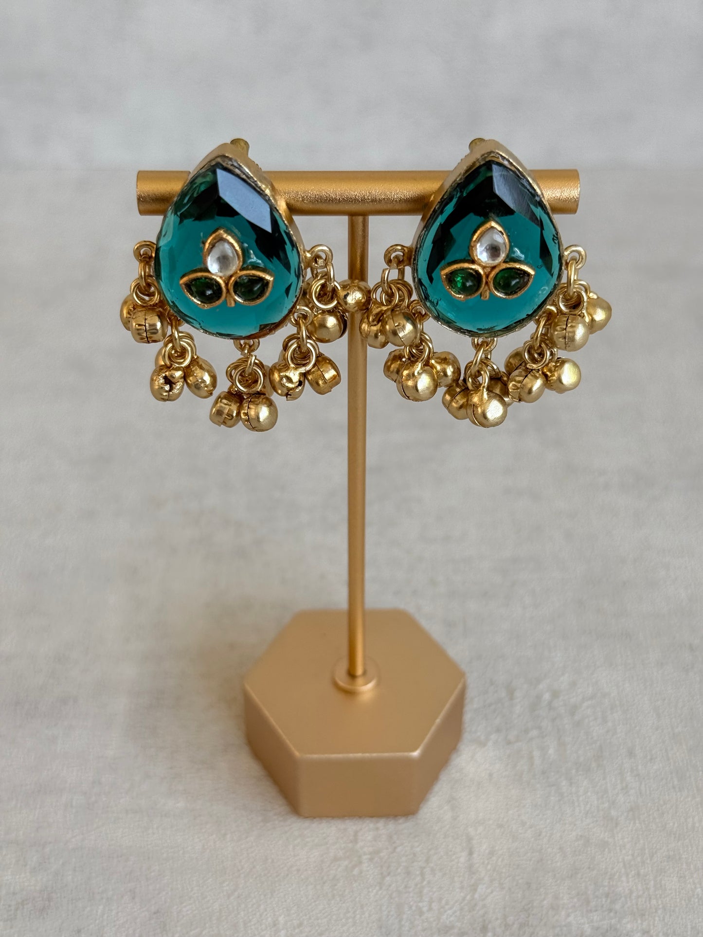 Ayura Designs Aykai Earrings – Teal Carved Teardrop Stud Earrings with Clear Kundan Stones and Gold Ghungroo Drops