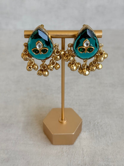 Ayura Designs Aykai Earrings – Teal Carved Teardrop Stud Earrings with Clear Kundan Stones and Gold Ghungroo Drops