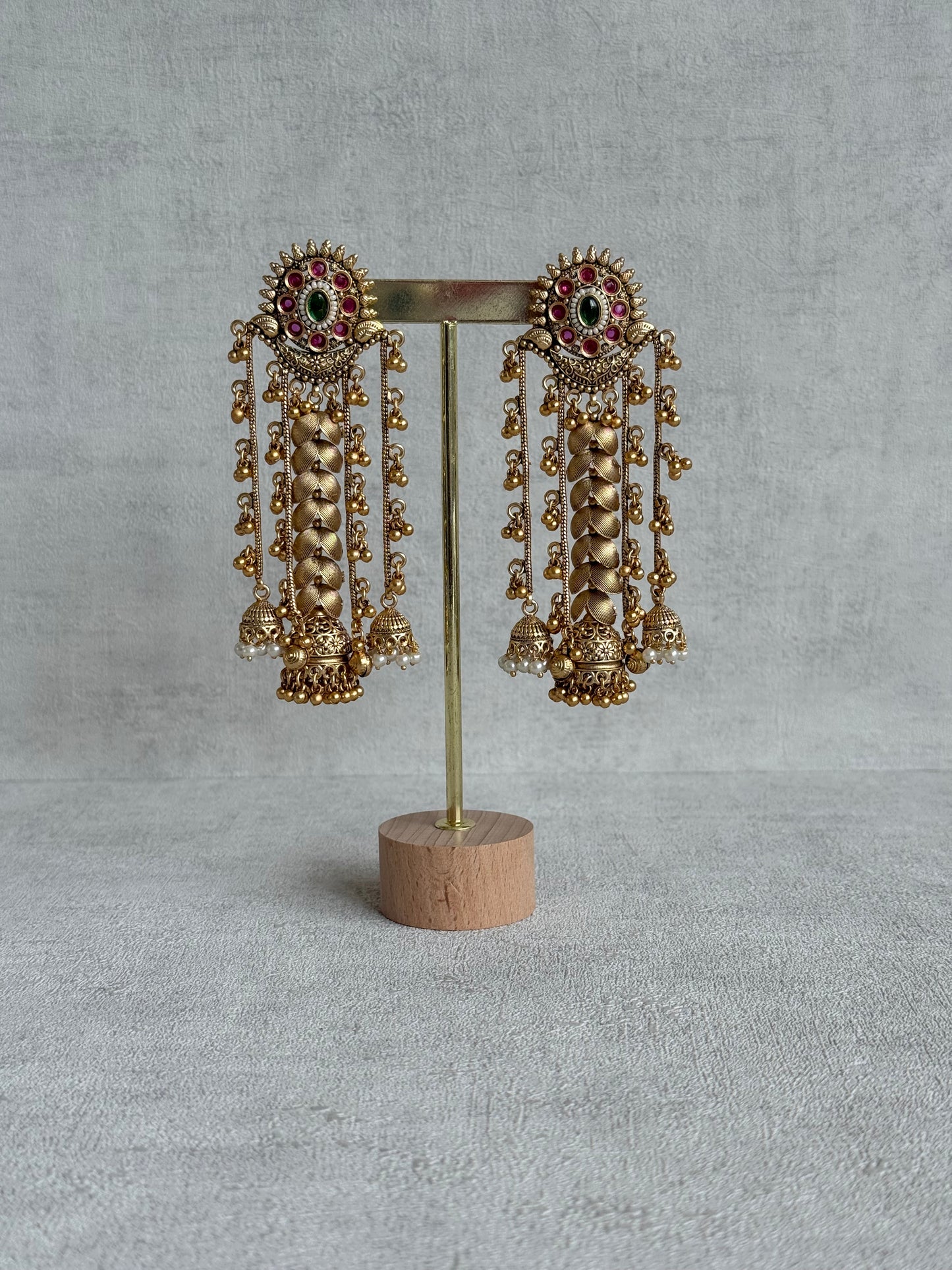 Ayura Designs Ishya Jhumkis – Gold Ghungroo Chain Earrings with Ruby Pink & Green Kundan