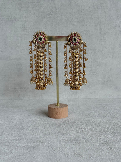 Ayura Designs Ishya Jhumkis – Gold Ghungroo Chain Earrings with Ruby Pink & Green Kundan