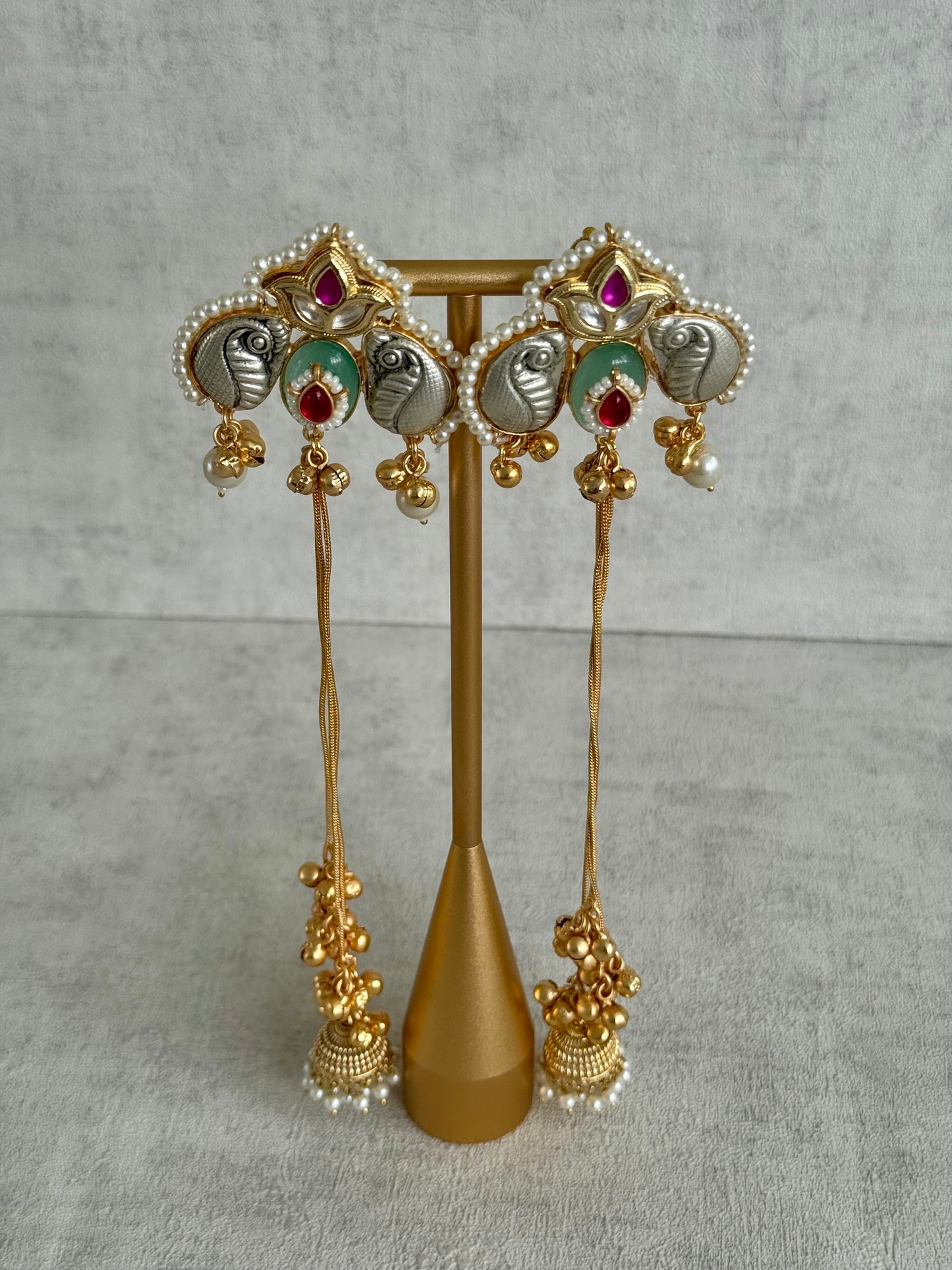 Ayura Designs Sozni Kashmiri Earrings – Kashmiri-Inspired Meenakari with Pistachio Green & Ruby Detailing