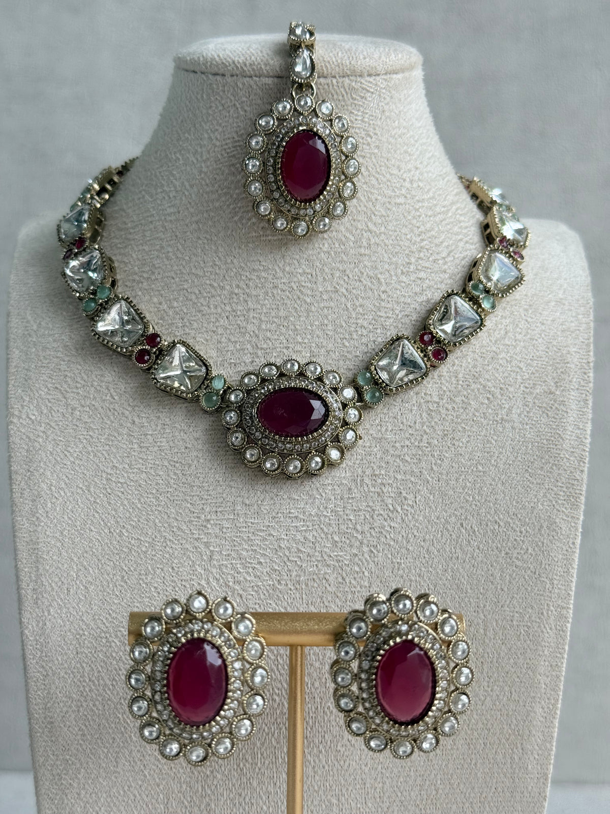 Ayura Designs Inza Necklace Set – Rani Pink & Mint Green Stones, Kundan & Crystals with Antique Gold Finish