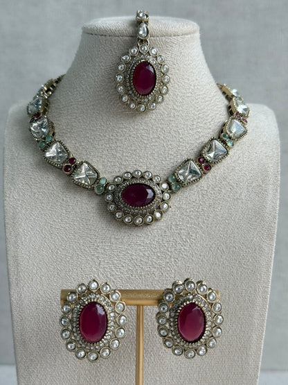Ayura Designs Inza Necklace Set – Rani Pink & Mint Green Stones, Kundan & Crystals with Antique Gold Finish
