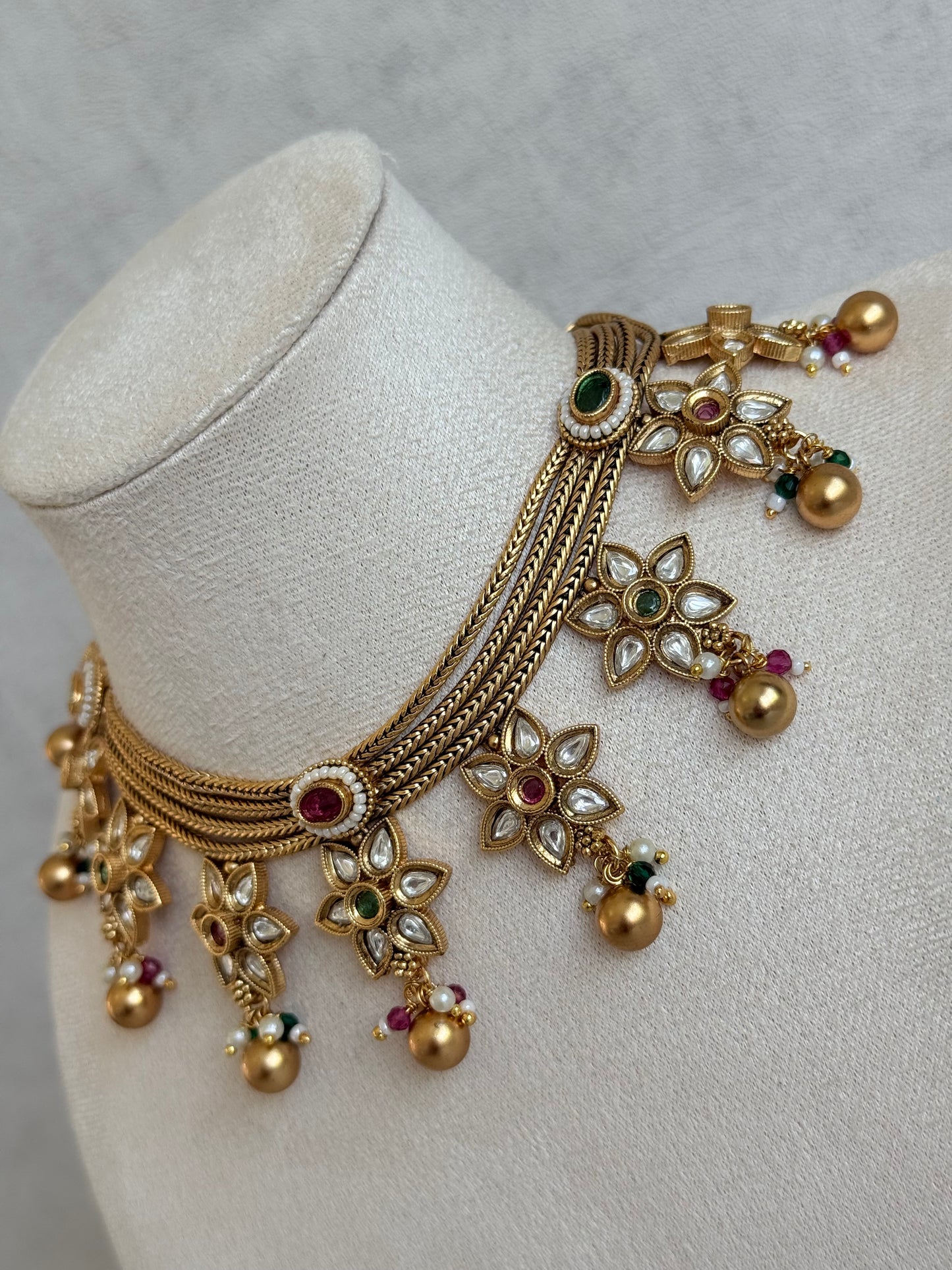 Ayura Designs Daksha Necklace Set with Earrings – Gold Layered Chain Necklace with Ruby Pink & Emerald Green Kundan Floral Motifs
