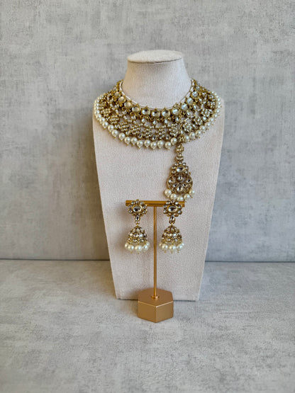 Ayura Designs Tehzeeb Set – Necklace, Tikka & Jhumkas in Antique Gold and Pearls
