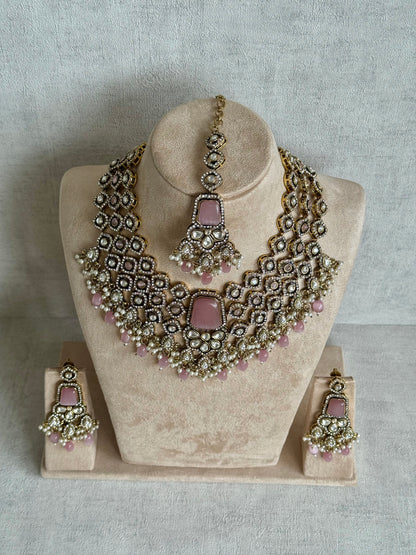Ayura Designs Gulrukh Bridal Set with Necklace, Jhumkis & Tikka – Jadau Kundan Craftsmanship with Mirror-Cut Polki, Blush Rose Stones & Antique Gold Finish