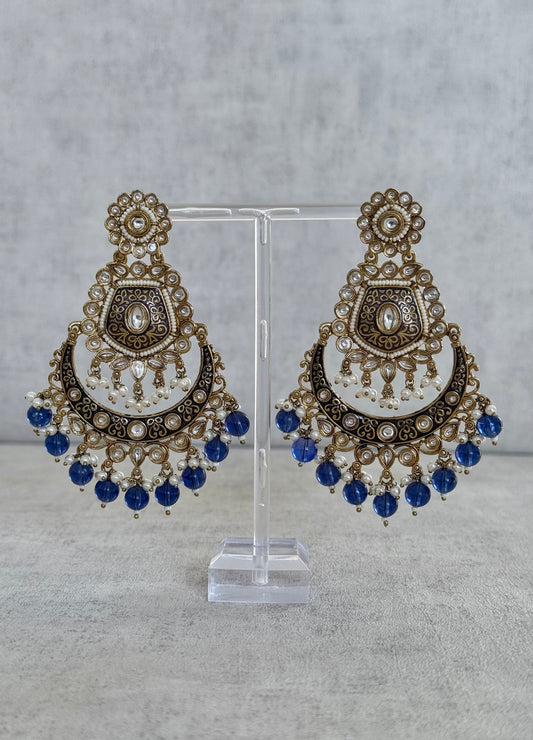 Ayura Designs Safa Antique Gold-Plated Chandbali Earrings with Pearl and Blue Bead Accents