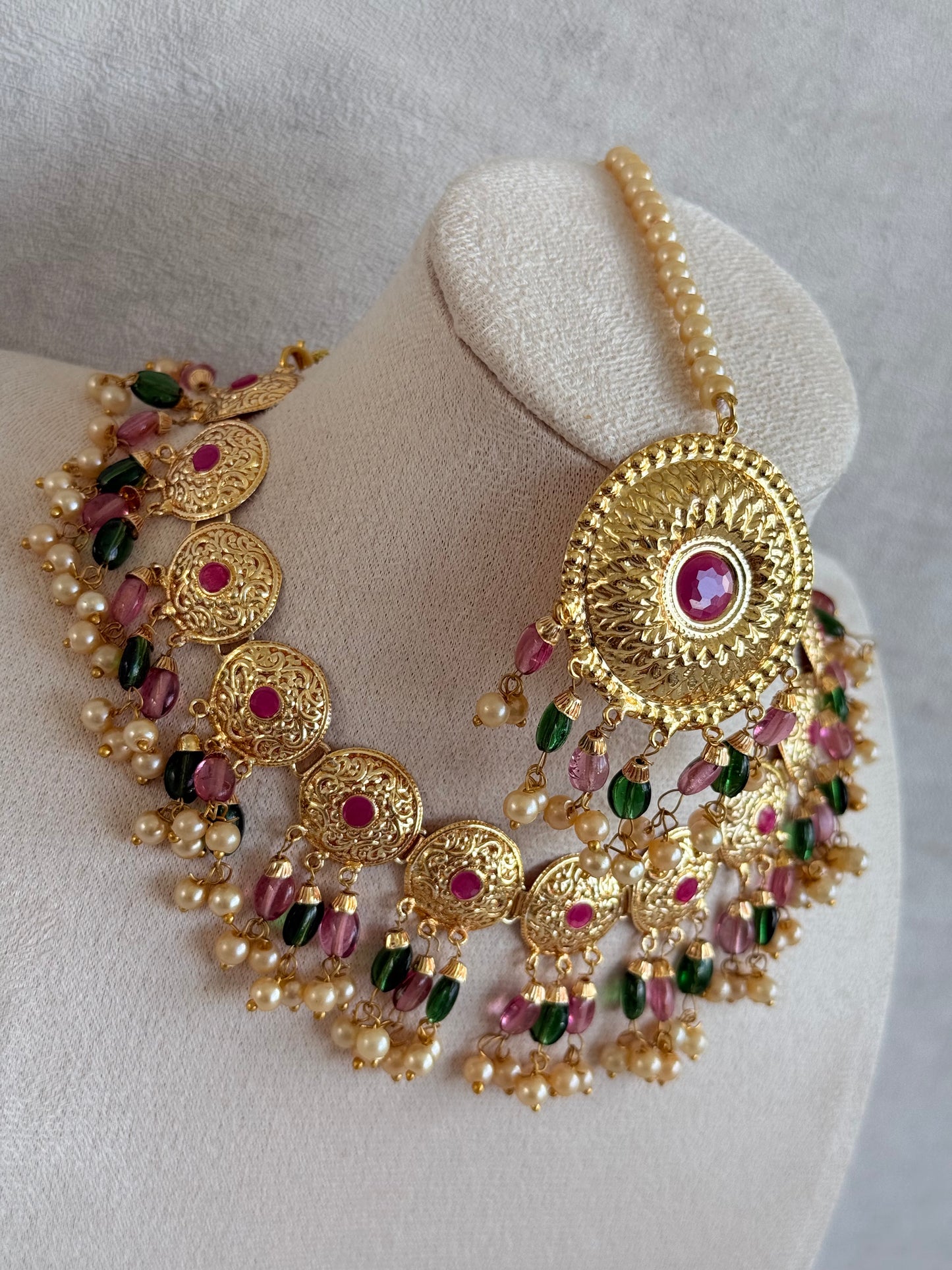Ayura Designs Jyoti Set with Earrings & Tikka – Gold Disc Necklace with Ruby Pink, Emerald Green & Pearl Detailing
