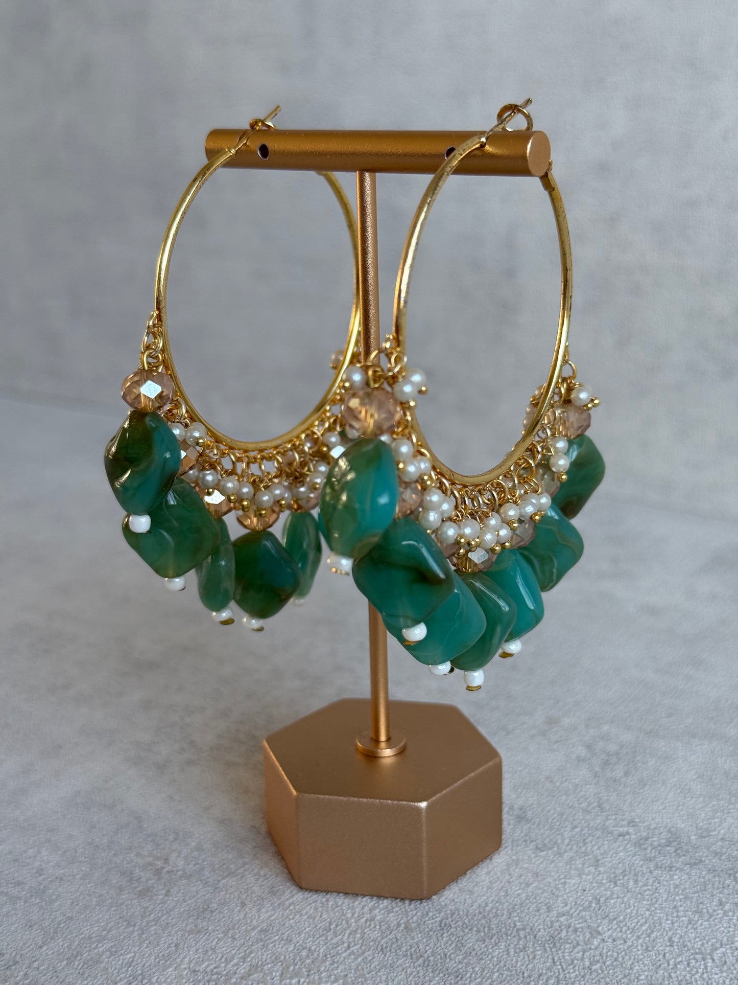 Ayura Designs Heer Balis – Gold Hoops with Jade Green Marble Beads, Pearls & Crystal Detailing