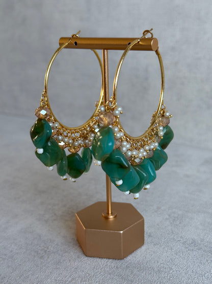 Ayura Designs Heer Balis – Gold Hoops with Jade Green Marble Beads, Pearls & Crystal Detailing