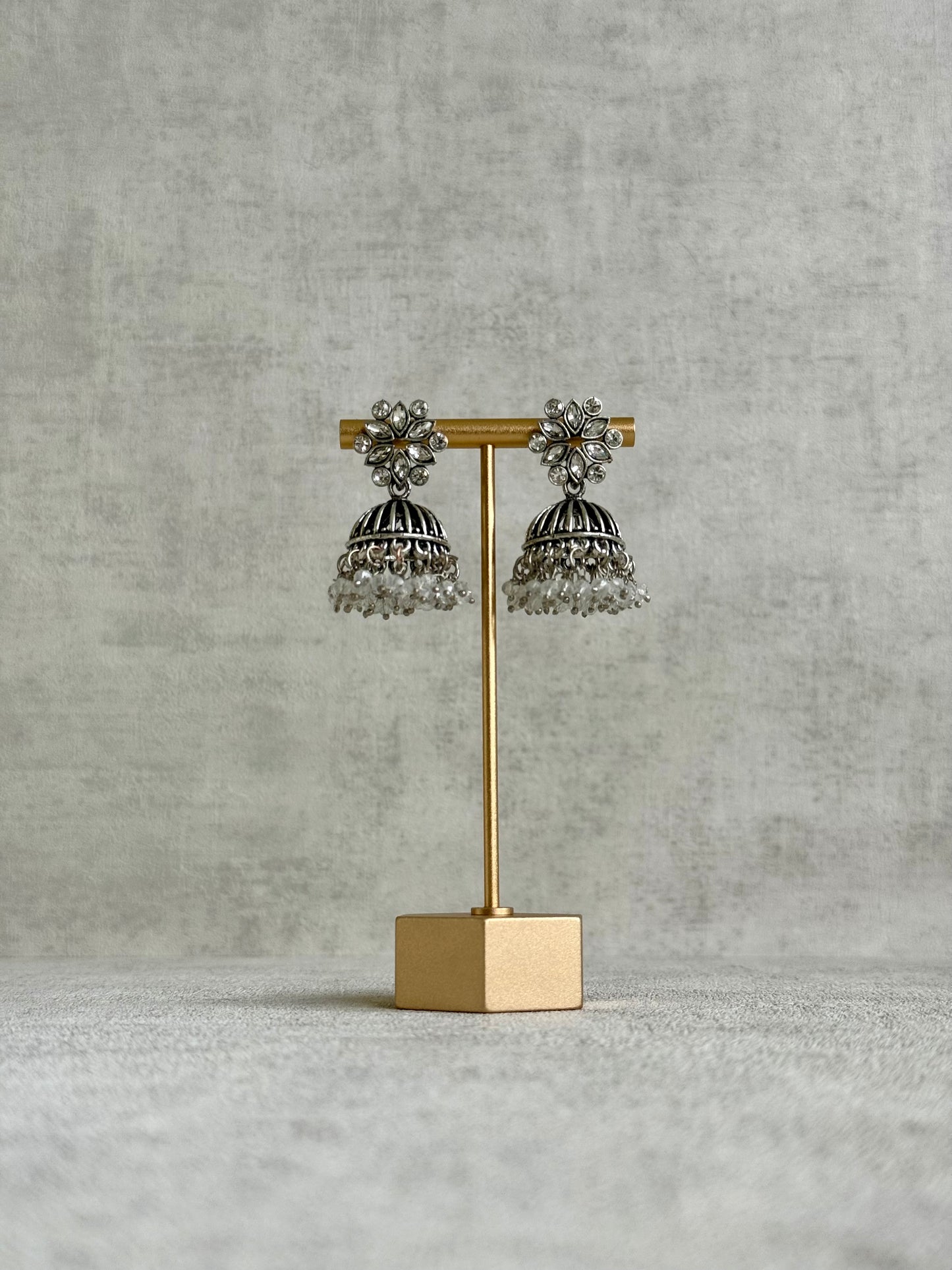 Ayura Designs Syra Jhumkis – Mirror-Cut Stone Tops, Crystal Drop Fringe & Oxidised Silver Finish