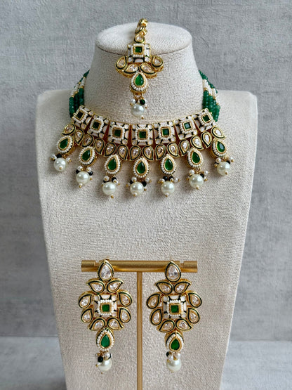Ayura Designs Jiara Set – Necklace, Earrings & Tikka with Mirror-Cut Stones, Emerald Green & Pearl Detailing