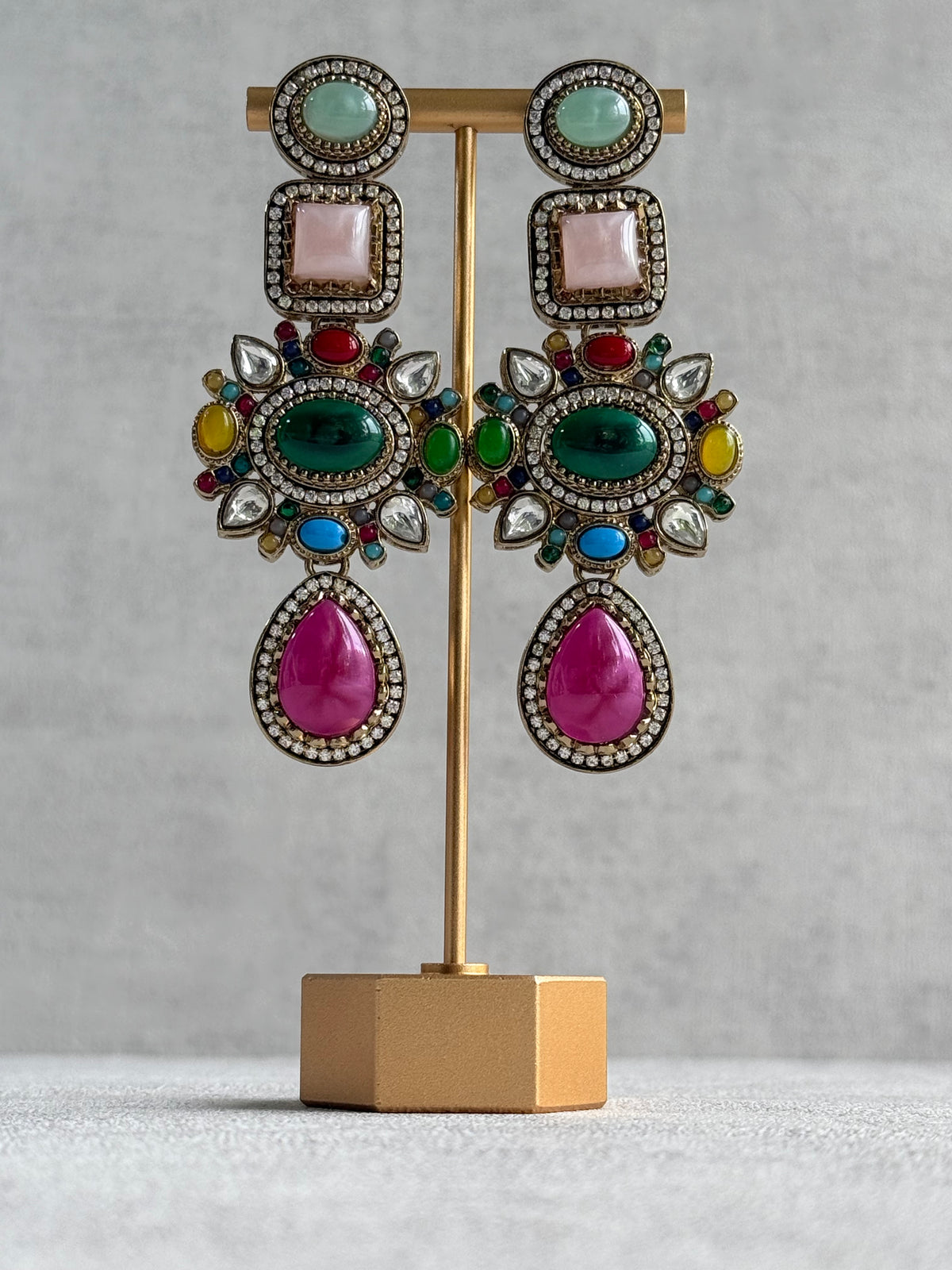 Ayura Designs Jeenat Earrings – Multicolour Stones, Crystal Detailing & Rani Pink Teardrops